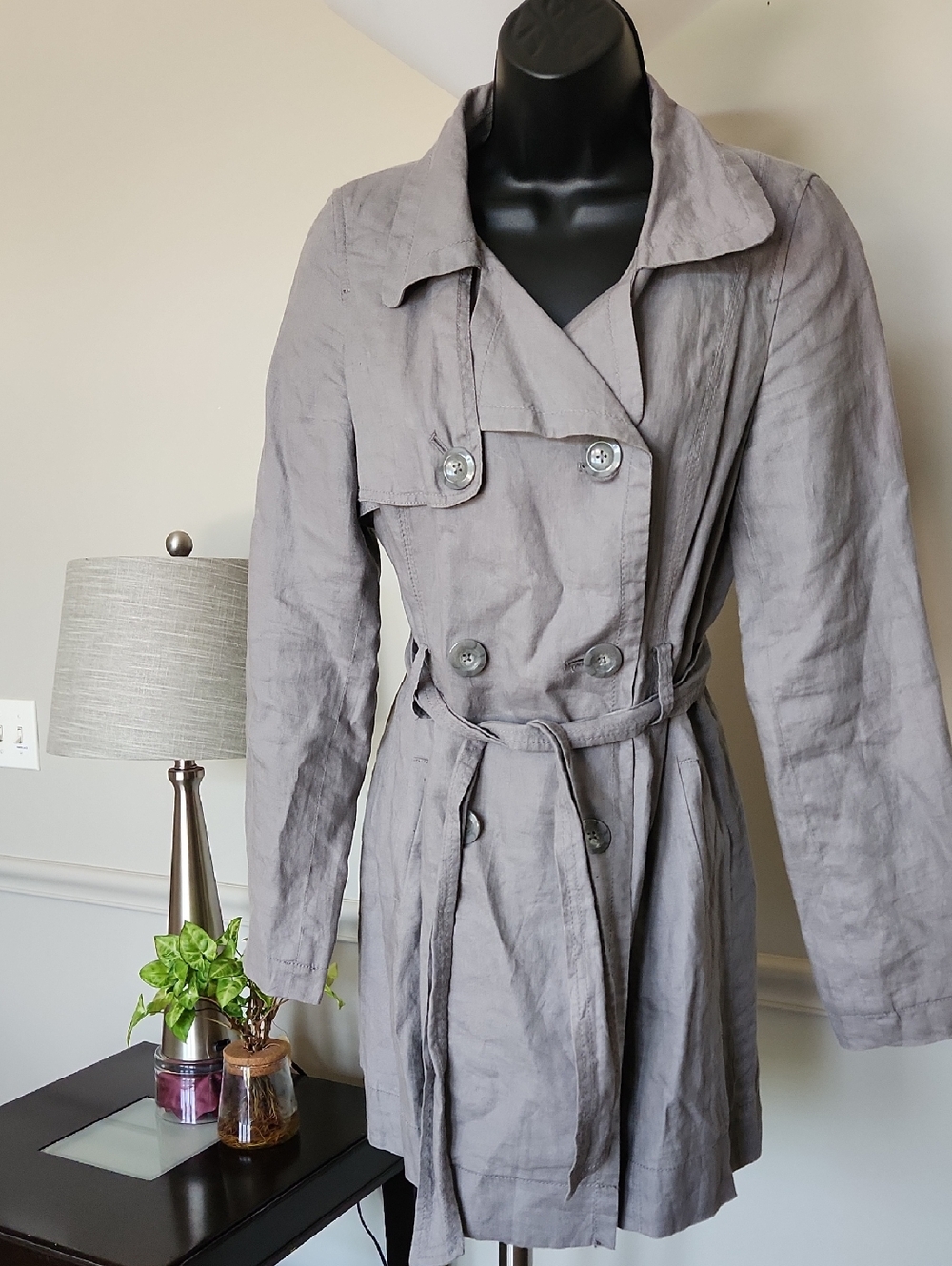 Old Navy Light Gray Double-Breasted Trench with Tie Belt